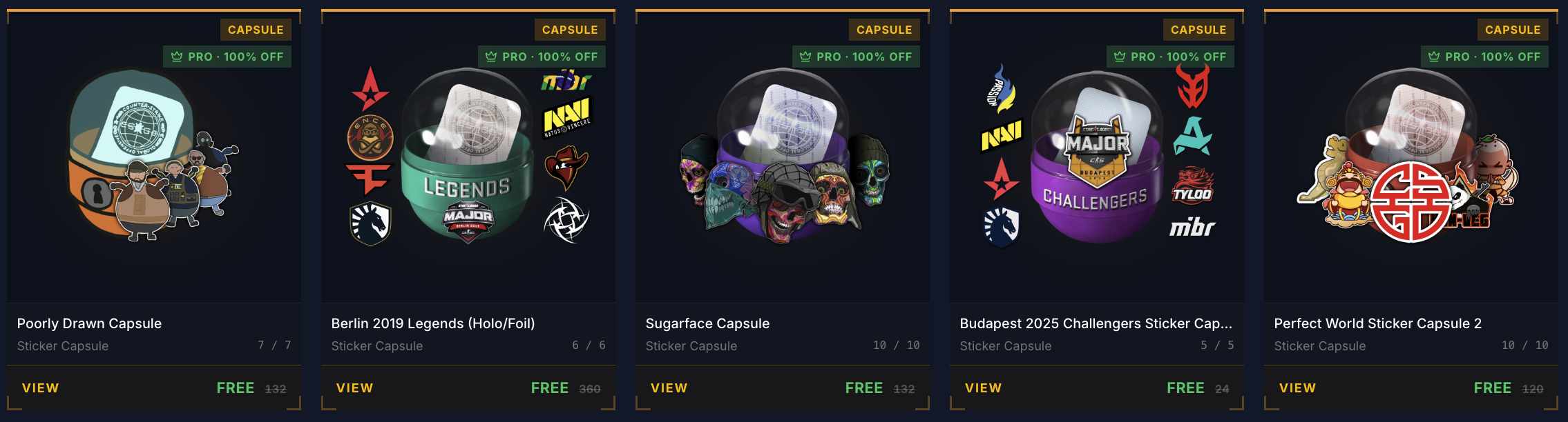 Sticker capsules in the CSGOPremier black market shop, with prices and a Pro discount